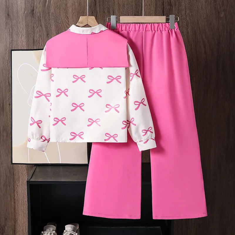 موضة 2025 خريف جديد ins بنت's cross-border children's wear طقم أكمام طويلة shirt with removable bow shawl and pants
