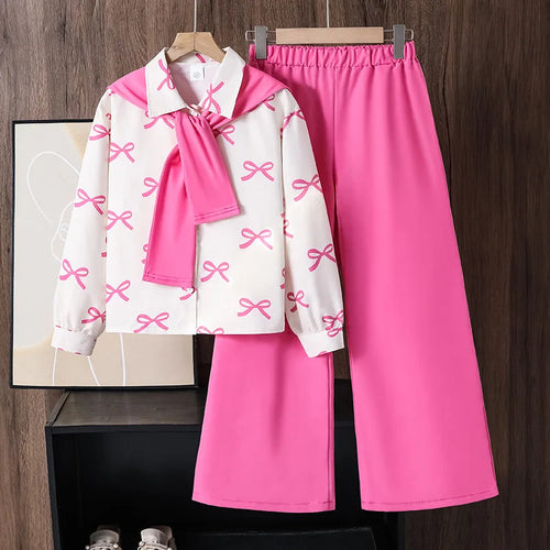 موضة 2025 خريف جديد ins بنت's cross-border children's wear طقم أكمام طويلة shirt with removable bow shawl and pants