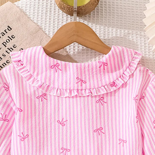 موضة 2025 خريف جديد طقم for female children cute striped bow printed أكمام طويلة jacket pants two pieces