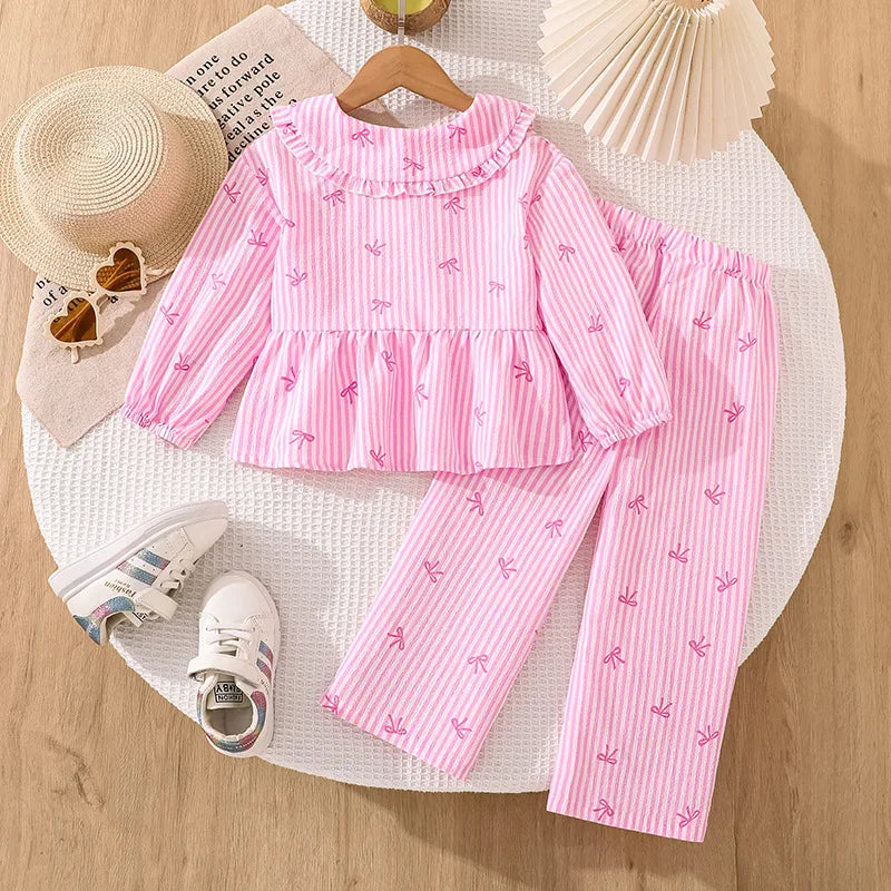 موضة 2025 خريف جديد طقم for female children cute striped bow printed أكمام طويلة jacket pants two pieces