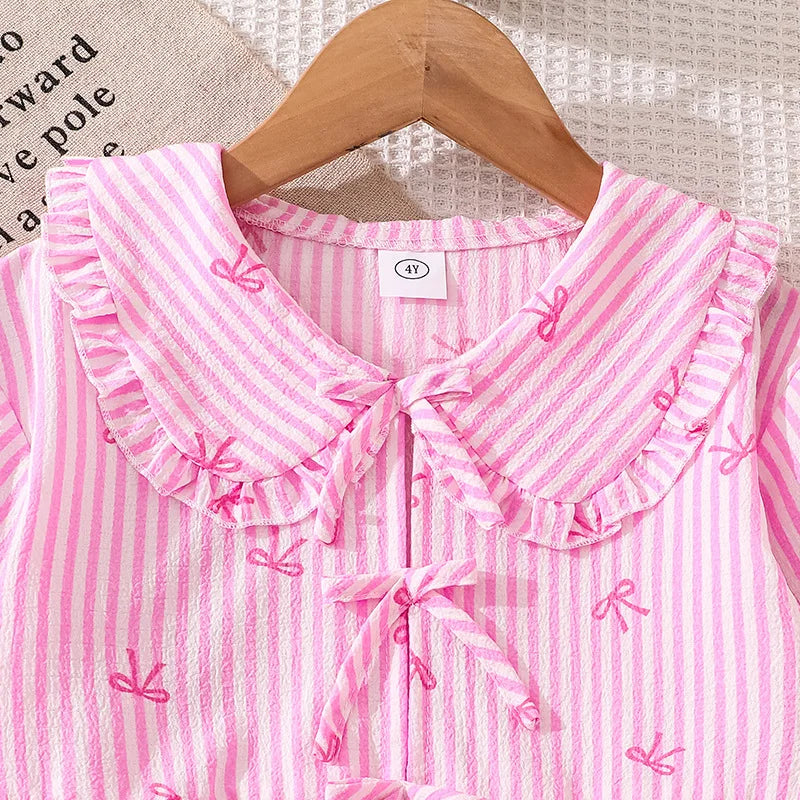 موضة 2025 خريف جديد طقم for female children cute striped bow printed أكمام طويلة jacket pants two pieces