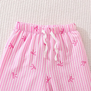 موضة 2025 خريف جديد طقم for female children cute striped bow printed أكمام طويلة jacket pants two pieces