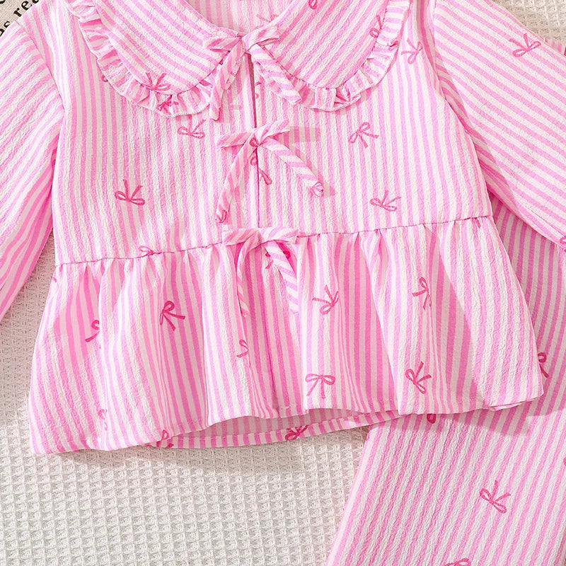 موضة 2025 خريف جديد طقم for female children cute striped bow printed أكمام طويلة jacket pants two pieces