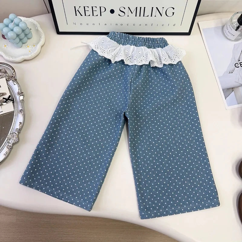 موضة 2025 خريف جديد wave point دينم three-piece طقم cute كاجوال female fashion بدلة solid pattern cross-border children's clothing
