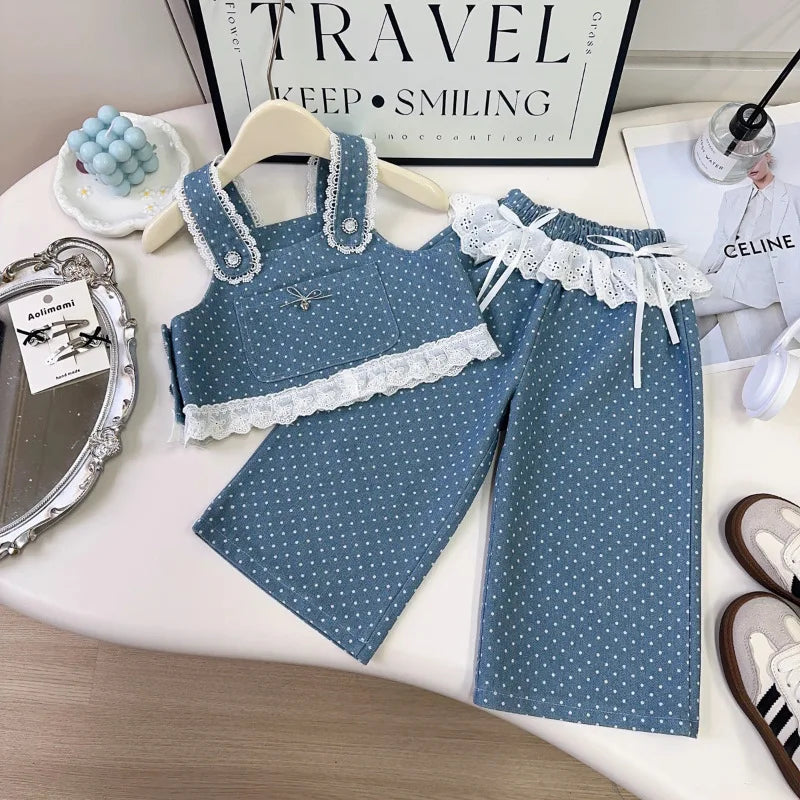 موضة 2025 خريف جديد wave point دينم three-piece طقم cute كاجوال female fashion بدلة solid pattern cross-border children's clothing