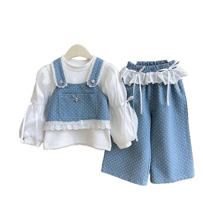 موضة 2025 خريف جديد wave point دينم three-piece طقم cute كاجوال female fashion بدلة solid pattern cross-border children's clothing