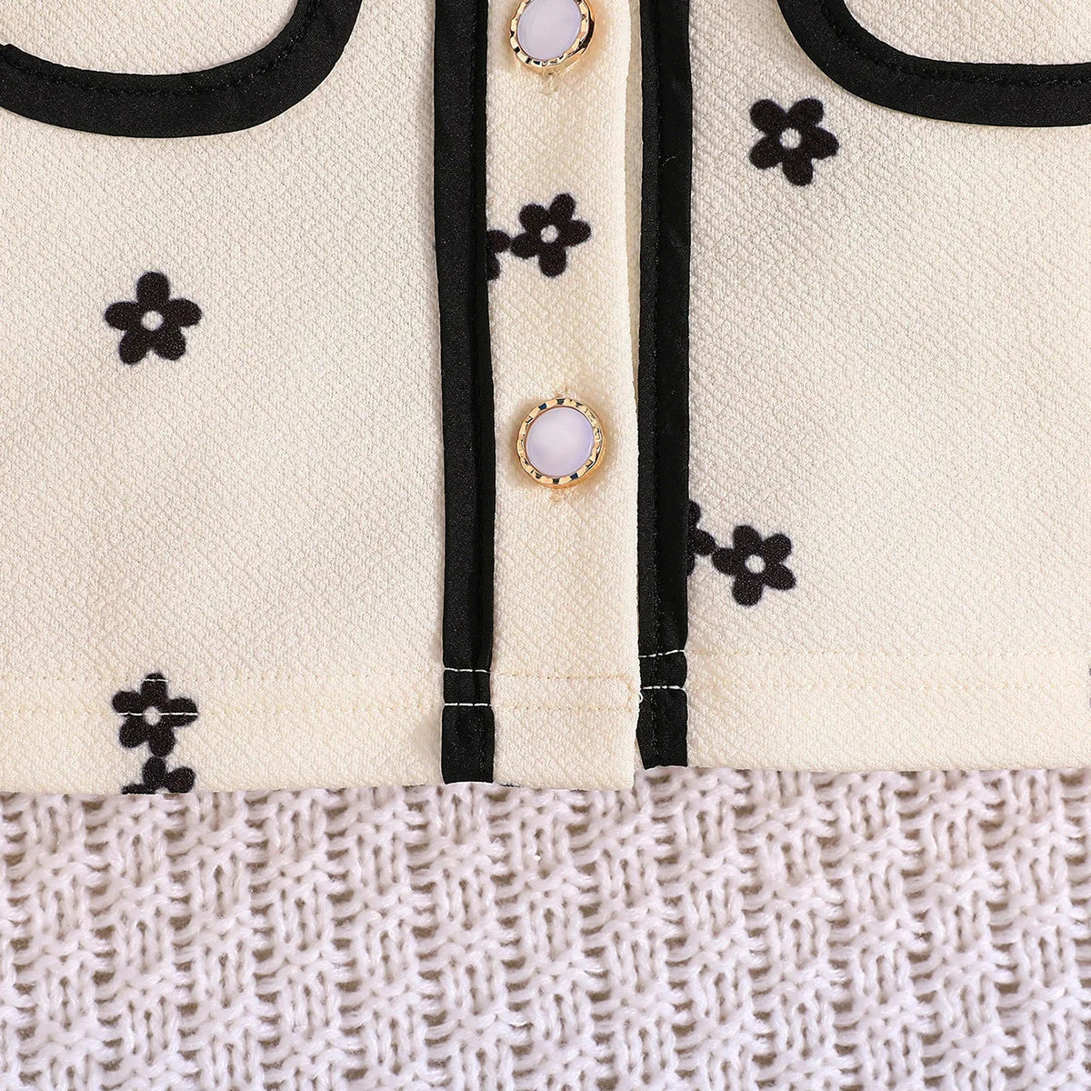 موضة 2025 خريف/شتاء جديد بنت sweet طقم black small flower printed توب+solid color yarn جيب 2-piece طقم