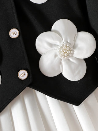 موضة 2025 خريف/شتاء جديد بنات' طقم: black أكمام طويلةd توب with flowers for children+white قصير جيب 2-piece طقم