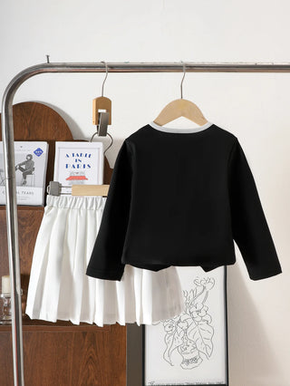 موضة 2025 خريف/شتاء جديد بنات' طقم: black أكمام طويلةd توب with flowers for children+white قصير جيب 2-piece طقم