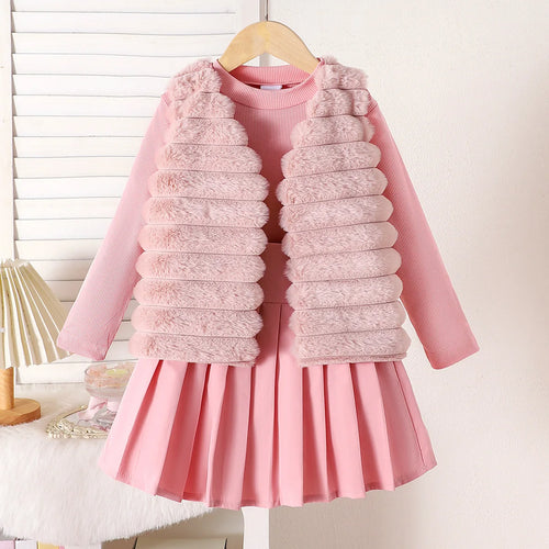 موضة 2025 خريف/شتاء جديد بنات' طقم: بنات' pink hairy فيست+bottom shirt+بليسيه قصير جيب 3-piece طقم