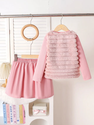 موضة 2025 خريف/شتاء جديد بنات' طقم: بنات' pink hairy فيست+bottom shirt+بليسيه قصير جيب 3-piece طقم