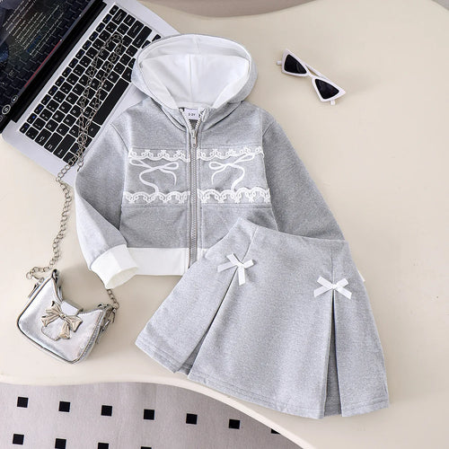 موضة 2025 خريف/شتاء جديد بنات' طقم pattern hat zipper sweatshirt with قصير جيب طقم قطعتين