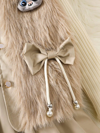 موضة 2025 خريف/شتاء جديد بنات' طقم plush فيست and أكمام طويلة round neck توب+ بليسيه جيب بنات' 3-piece طقم