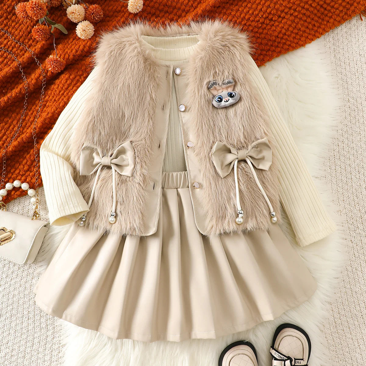 موضة 2025 خريف/شتاء جديد بنات' طقم plush فيست and أكمام طويلة round neck توب+ بليسيه جيب بنات' 3-piece طقم