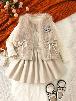 موضة 2025 خريف/شتاء جديد بنات' طقم plush فيست and أكمام طويلة round neck توب+ بليسيه جيب بنات' 3-piece طقم
