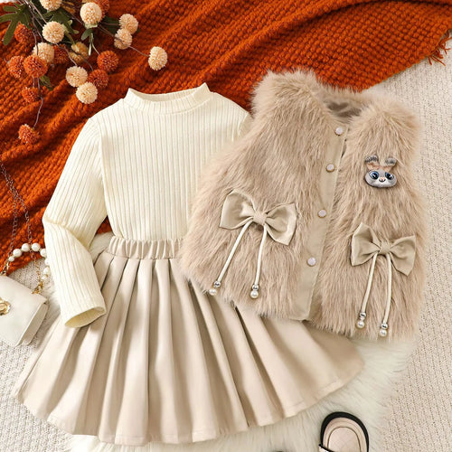 موضة 2025 خريف/شتاء جديد بنات' طقم plush فيست and أكمام طويلة round neck توب+ بليسيه جيب بنات' 3-piece طقم