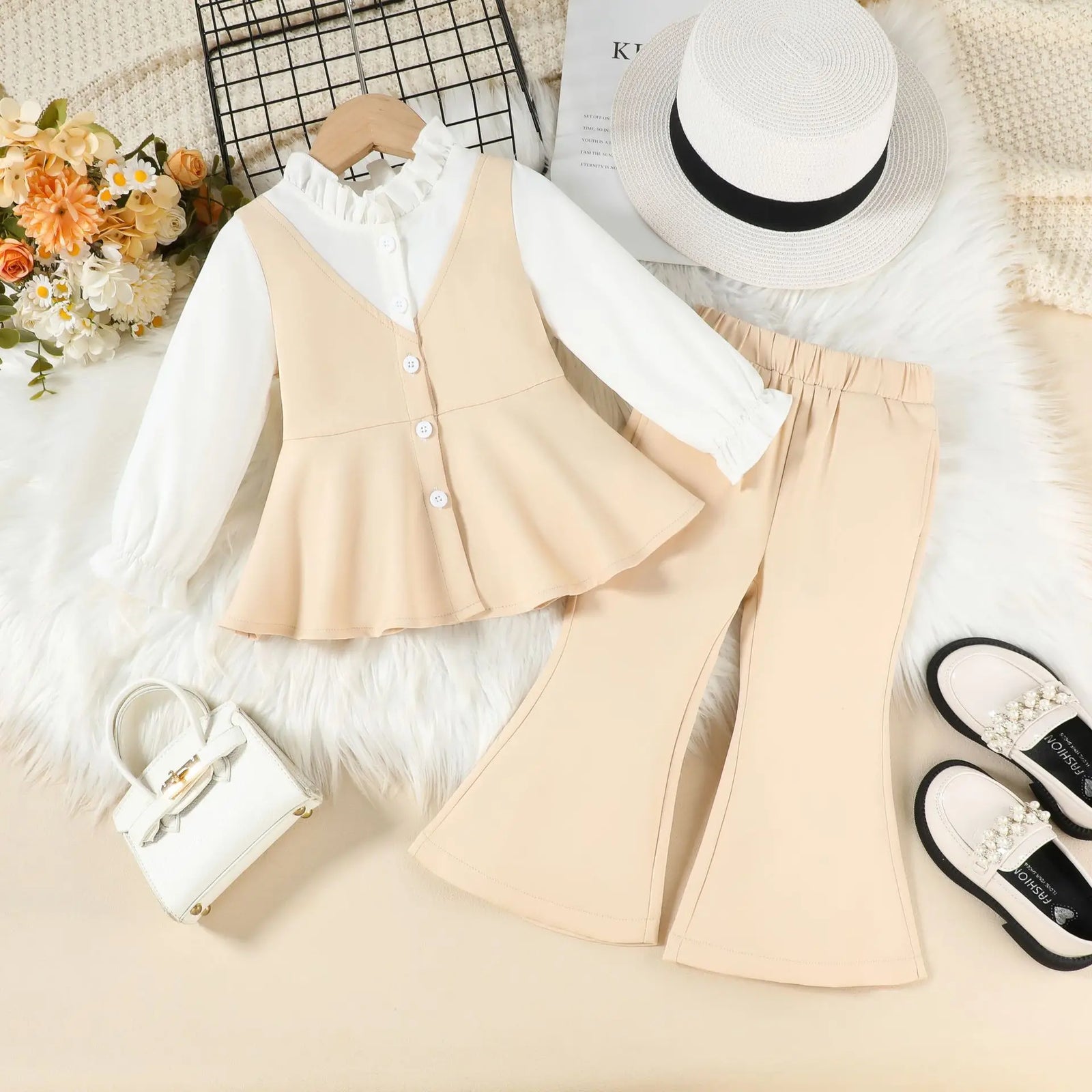 موضة 2025 خريف/شتاء جديد بنات' طقم with ستايل غربي ستايل open button أكمام طويلة توب and fashionable trumpet pants طقم قطعتين