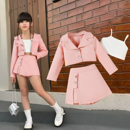 موضة 2025 خريف and شتاء جديد بنات' طقم بنات' lapel أكمام طويلةd jacket camisole inner جيب pants three piece طقم