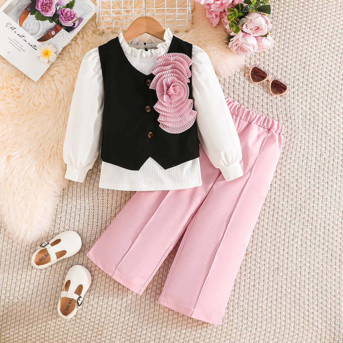 موضة 2025 خريف and شتاء جديد بنات' sweet and elegant طقم pure white أكمام طويلةd فيست loose pants three piece طقم