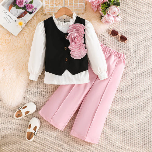 موضة 2025 خريف and شتاء جديد بنات' sweet and elegant طقم pure white أكمام طويلةd فيست loose pants three piece طقم