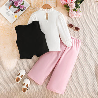 موضة 2025 خريف and شتاء جديد بنات' sweet and elegant طقم pure white أكمام طويلةd فيست loose pants three piece طقم