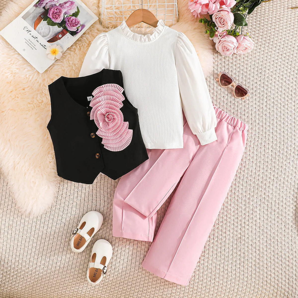 موضة 2025 خريف and شتاء جديد بنات' sweet and elegant طقم pure white أكمام طويلةd فيست loose pants three piece طقم