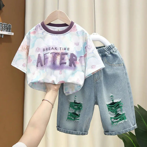 موضة 2025 ولد's clothes طقم for صيف letter print shirt patched دينم shorts 2 pcs sets