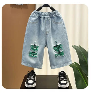 موضة 2025 ولد's clothes طقم for صيف letter print shirt patched دينم shorts 2 pcs sets