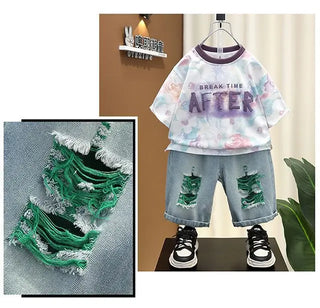 موضة 2025 ولد's clothes طقم for صيف letter print shirt patched دينم shorts 2 pcs sets