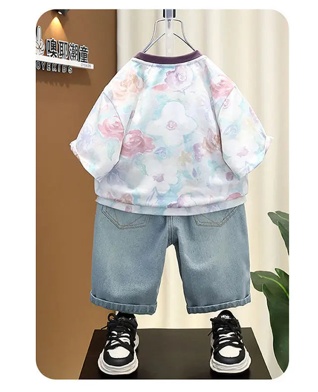 موضة 2025 ولد's clothes طقم for صيف letter print shirt patched دينم shorts 2 pcs sets
