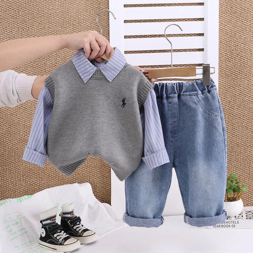 موضة 2025 أولاد academic ستايل جديد embroidered waistcoat shirt cotton three-piece طقم for baby's ربيع خريف printed logo children's