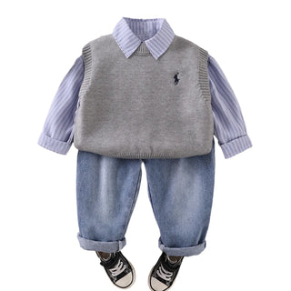 موضة 2025 أولاد academic ستايل جديد embroidered waistcoat shirt cotton three-piece طقم for baby's ربيع خريف printed logo children's