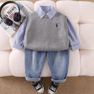 موضة 2025 أولاد academic ستايل جديد embroidered waistcoat shirt cotton three-piece طقم for baby's ربيع خريف printed logo children's