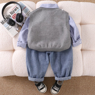 موضة 2025 أولاد academic ستايل جديد embroidered waistcoat shirt cotton three-piece طقم for baby's ربيع خريف printed logo children's