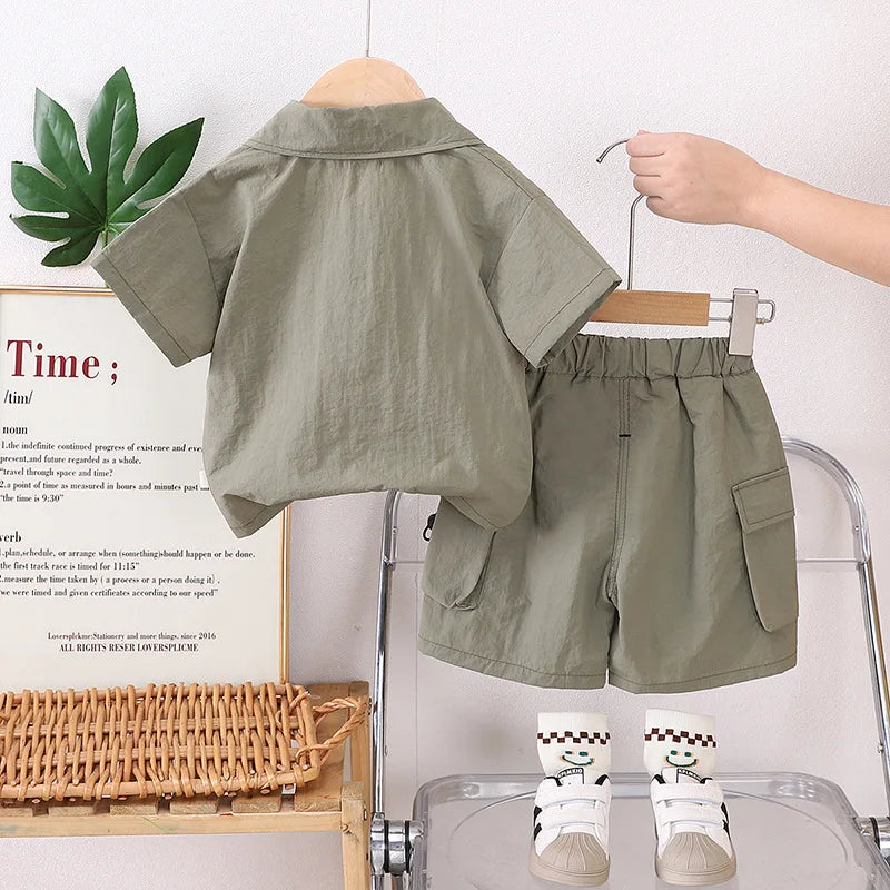 موضة 2025 أولاد كاجوال صيف بدلة ولد's treasure tooling أكمام قصيرة three-piece clothing cotton fabric for one-year-old children
