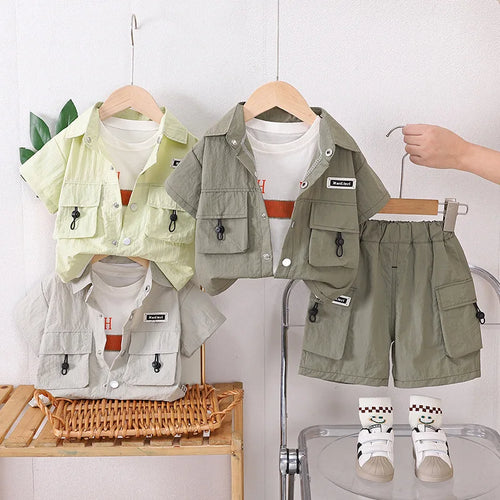 موضة 2025 أولاد كاجوال صيف بدلة ولد's treasure tooling أكمام قصيرة three-piece clothing cotton fabric for one-year-old children