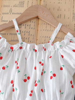 موضة 2025 children's clothing cherry fruit strapless off-shoulder توب elastic shorts بنات clothing sets صيف أطفال clothes بنات