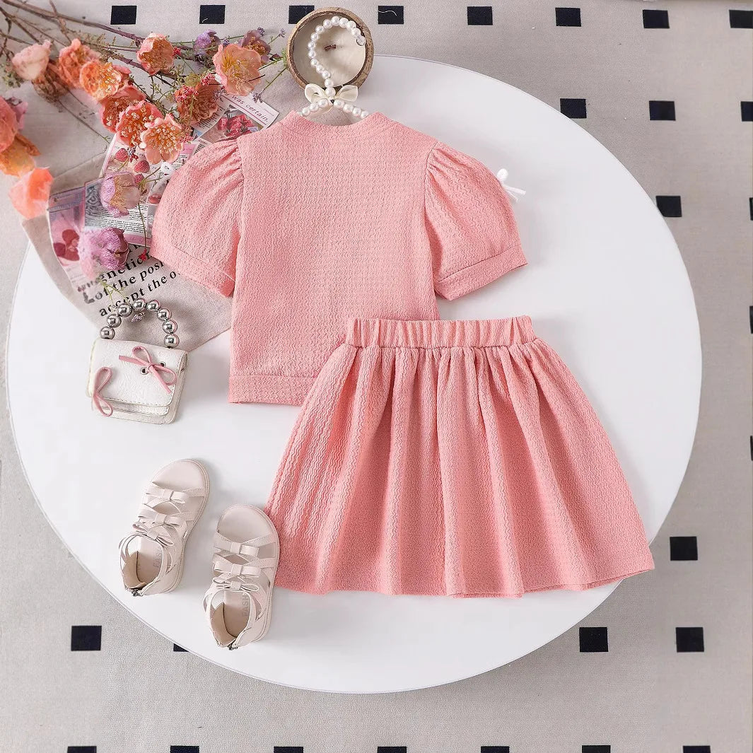 موضة 2025 cute pink بنت صيف بدلة for children bow bubble كم قصير plus جيب كاجوال print ستايل