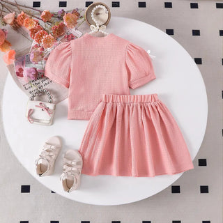موضة 2025 cute pink بنت صيف بدلة for children bow bubble كم قصير plus جيب كاجوال print ستايل