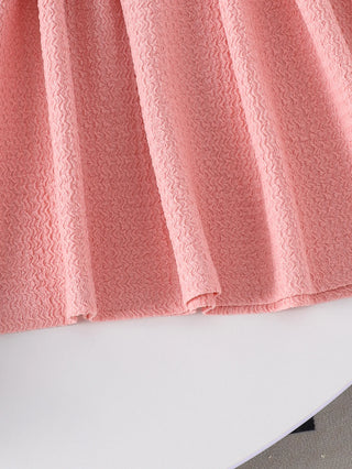 موضة 2025 cute pink بنت صيف بدلة for children bow bubble كم قصير plus جيب كاجوال print ستايل