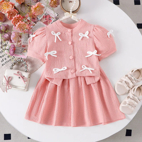 موضة 2025 cute pink بنت صيف بدلة for children bow bubble كم قصير plus جيب كاجوال print ستايل