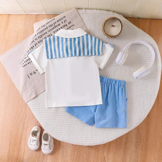 موضة 2025 europe & united states صيف جديد بنت's academic ستايل طقم قطعتين white shirt & shorts stripe shawl kid's size