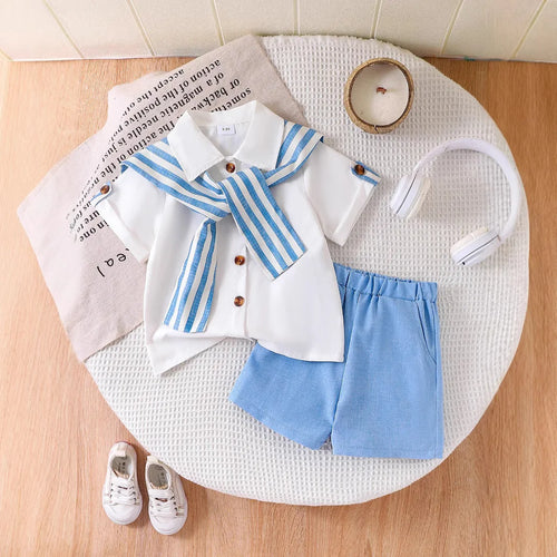 موضة 2025 europe & united states صيف جديد بنت's academic ستايل طقم قطعتين white shirt & shorts stripe shawl kid's size