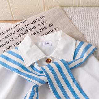 موضة 2025 europe & united states صيف جديد بنت's academic ستايل طقم قطعتين white shirt & shorts stripe shawl kid's size
