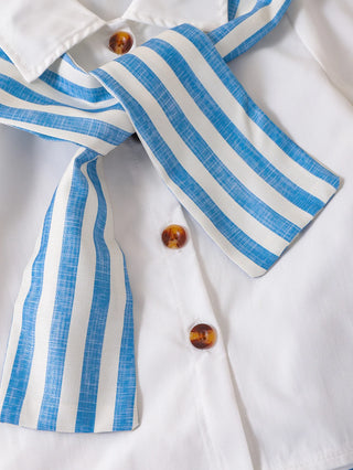 موضة 2025 europe & united states صيف جديد بنت's academic ستايل طقم قطعتين white shirt & shorts stripe shawl kid's size