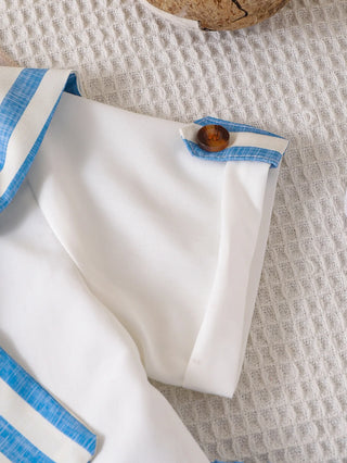 موضة 2025 europe & united states صيف جديد بنت's academic ستايل طقم قطعتين white shirt & shorts stripe shawl kid's size