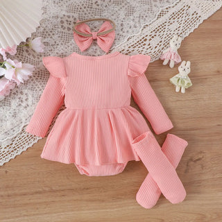 موضة 2025 european american cute ستايل fly كم baby coat pit bow embroidery floral cotton fart coat طقم socks hair band