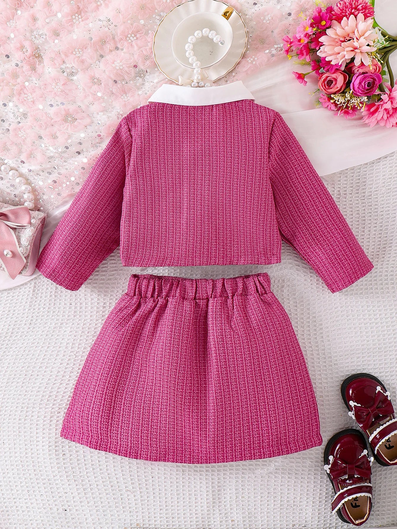 موضة 2025 european & american بنات' كاجوال ربيع وخريف collection small fragrance pink طويل-sleeved tops and جيب