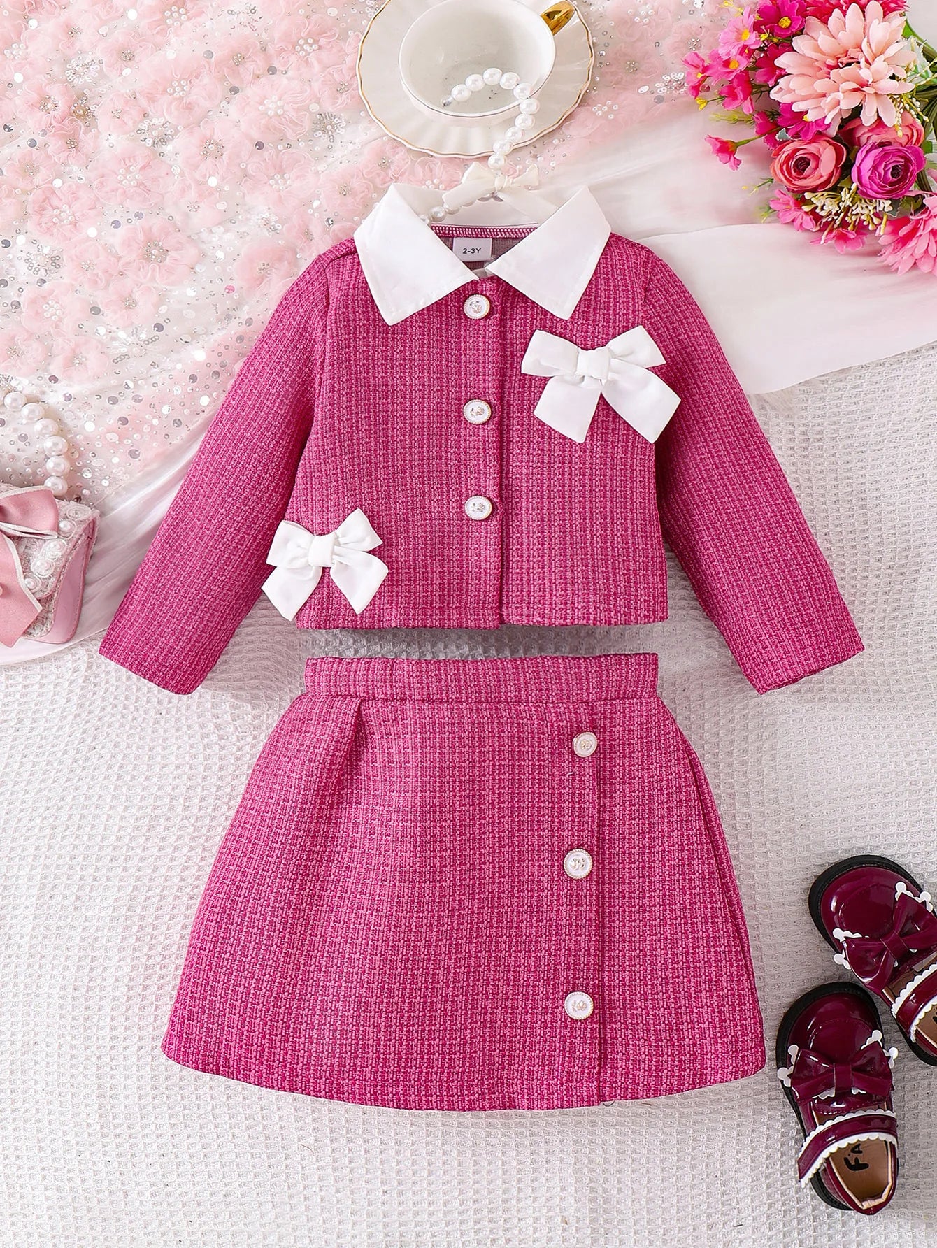موضة 2025 european & american بنات' كاجوال ربيع وخريف collection small fragrance pink طويل-sleeved tops and جيب