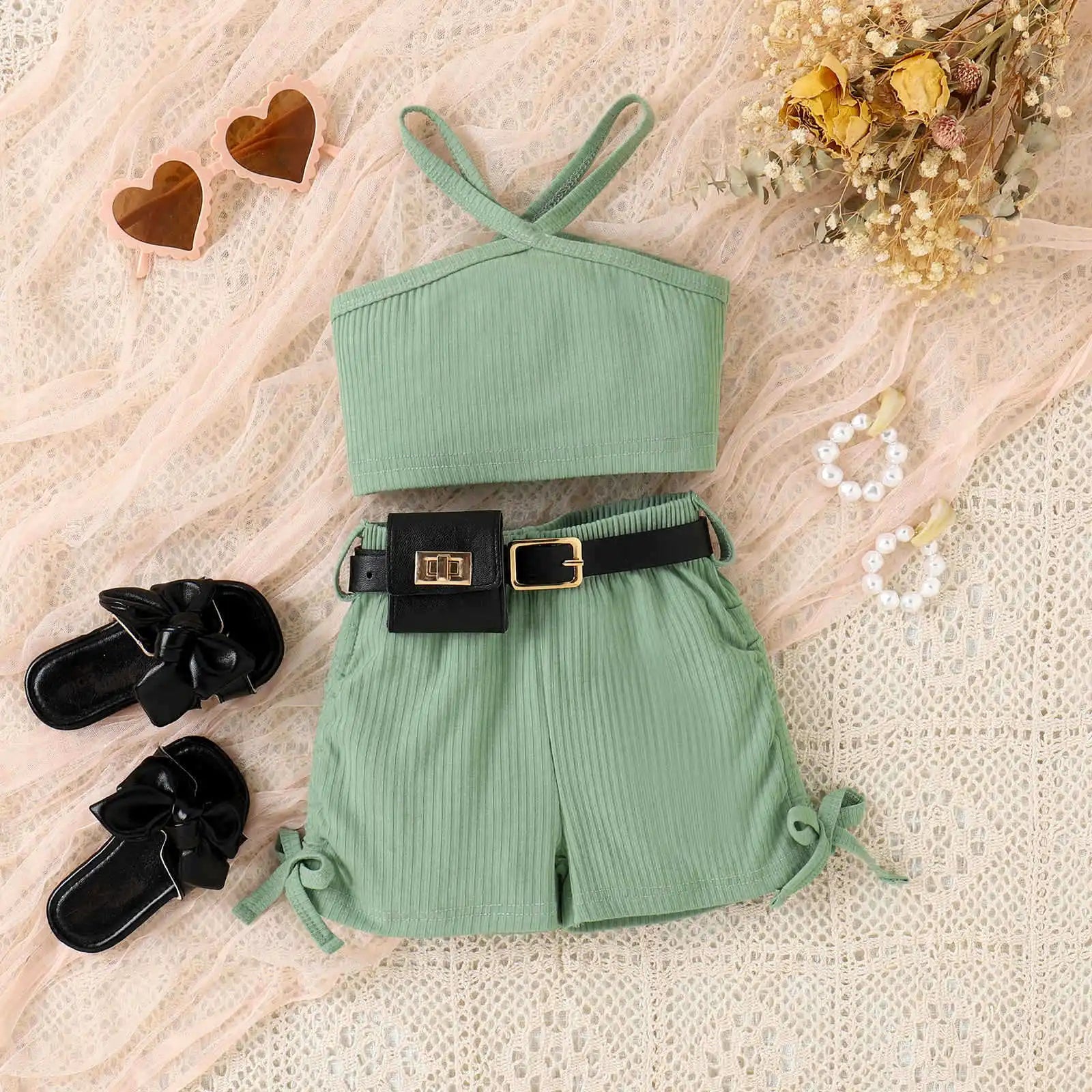 موضة 2025 european american بنات' cotton shorts waist pack three-piece بدلة children's clothing sets
